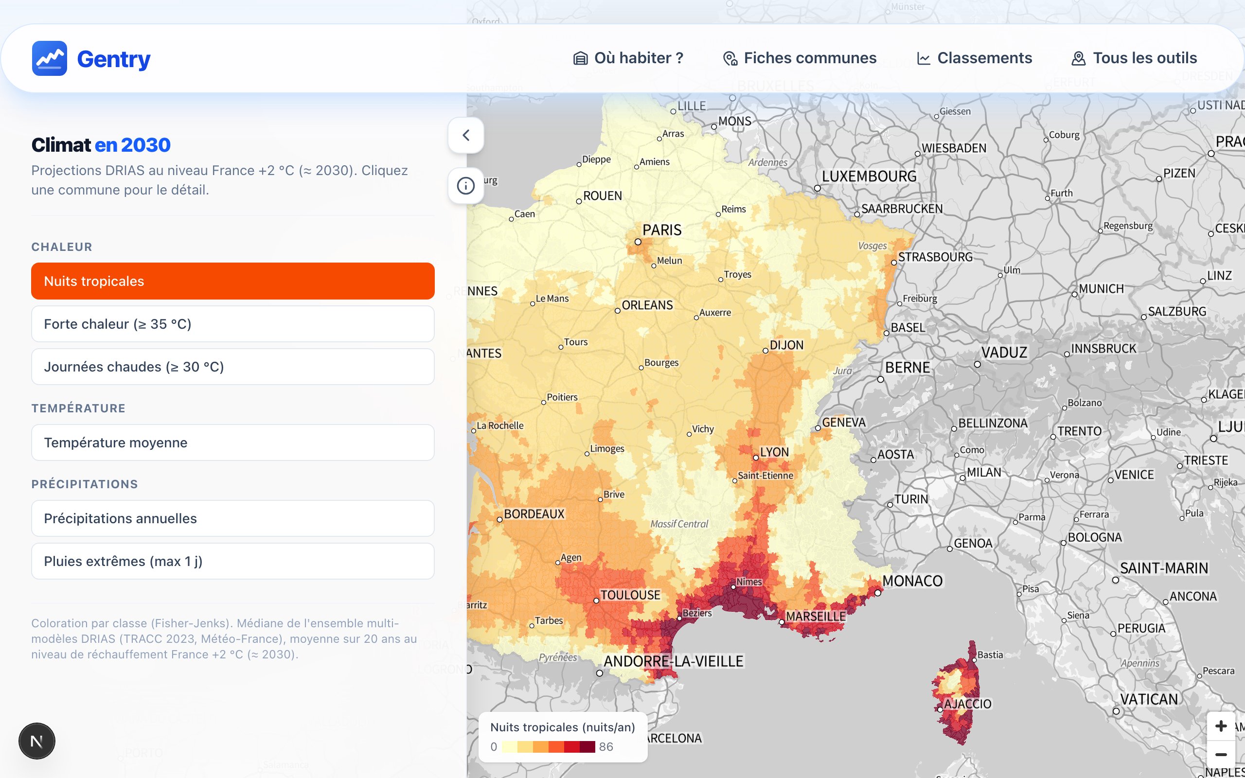 Carte du climat futur par commune (France +2 °C) : nuits tropicales, fortes chaleurs, précipitations
