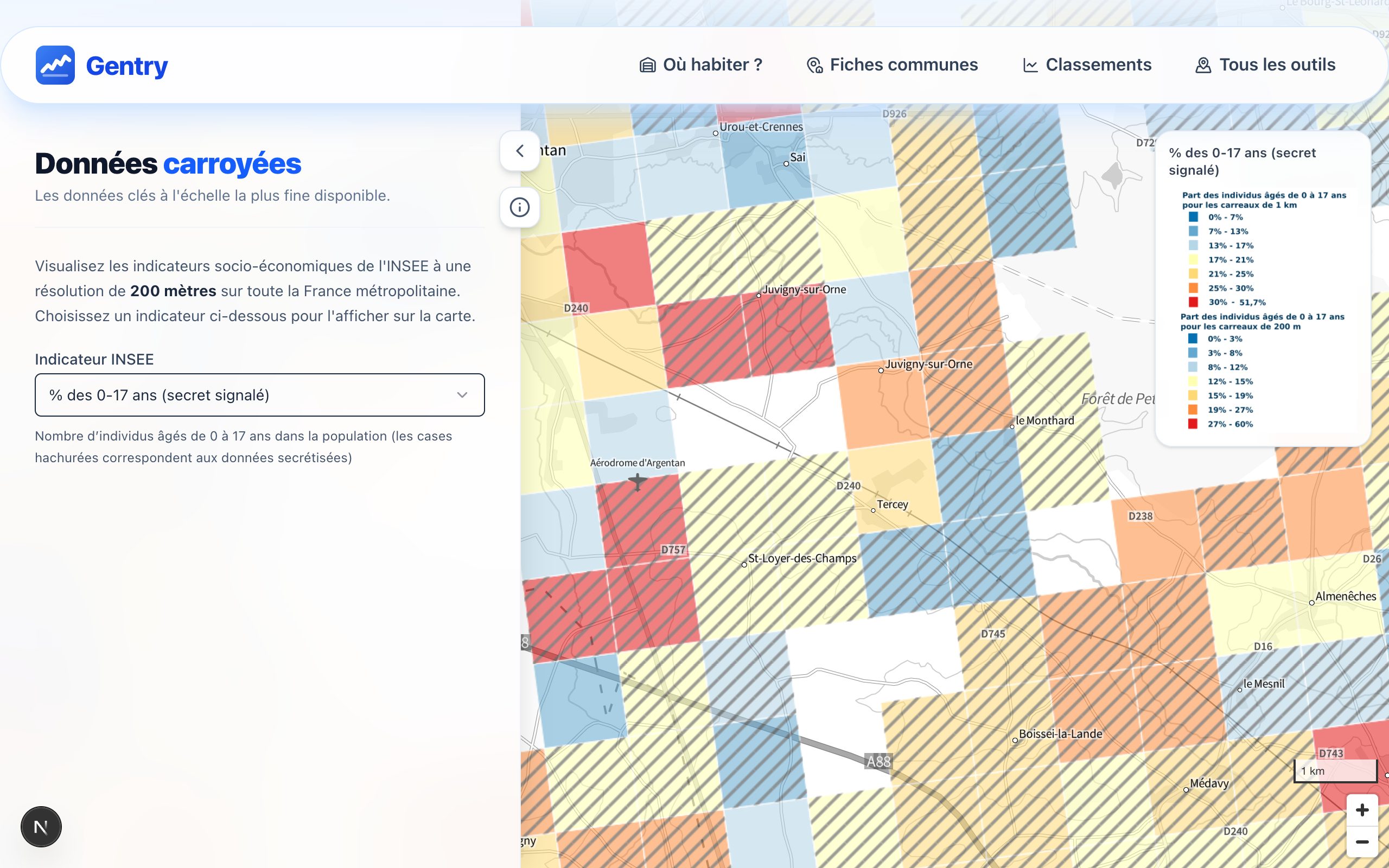 Carte des données carroyées INSEE (revenus, densité) par carreaux de 200 m