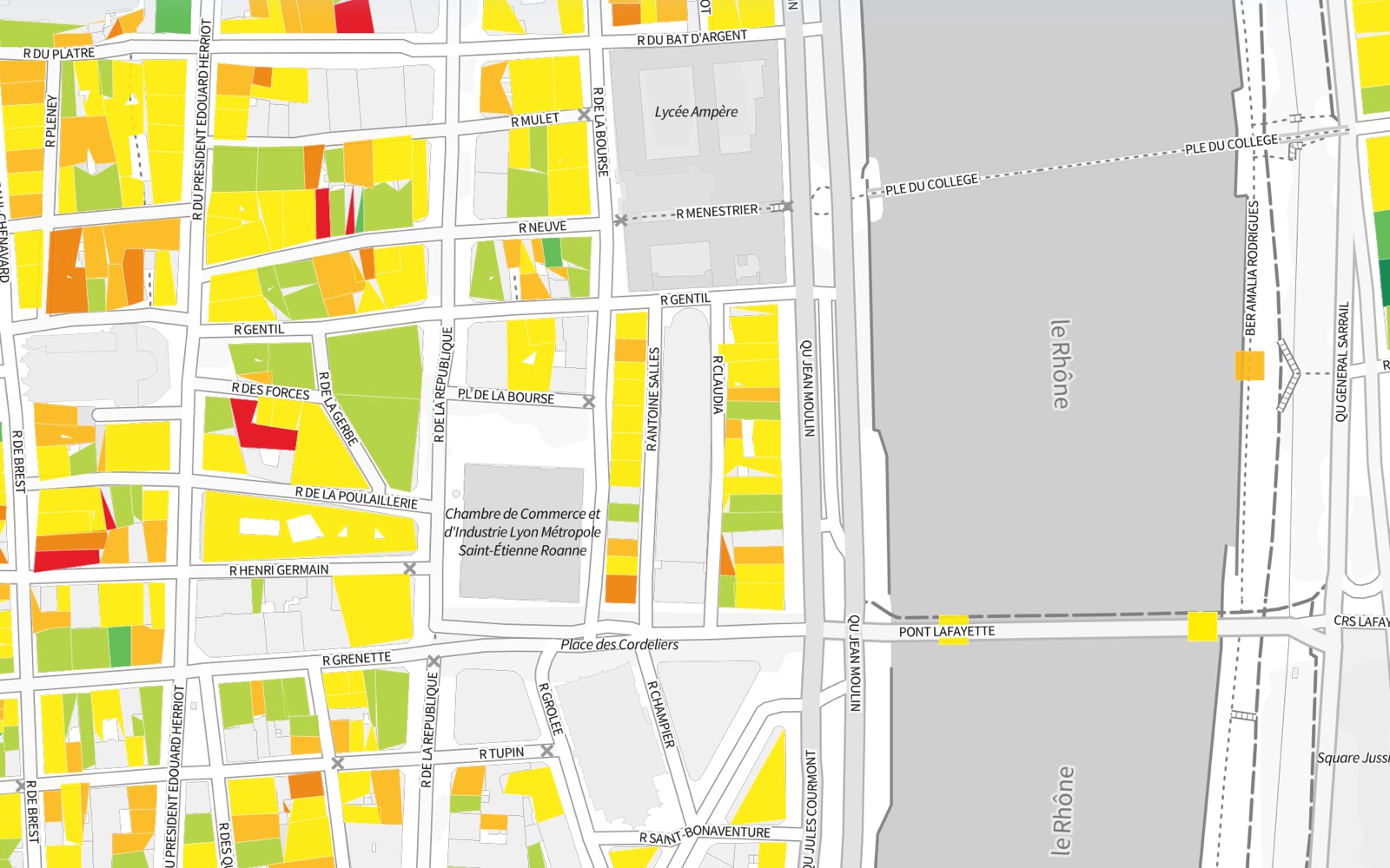 Carte des diagnostics de performance énergétique (DPE) : chaque bâtiment coloré de A (vert) à G (rouge)