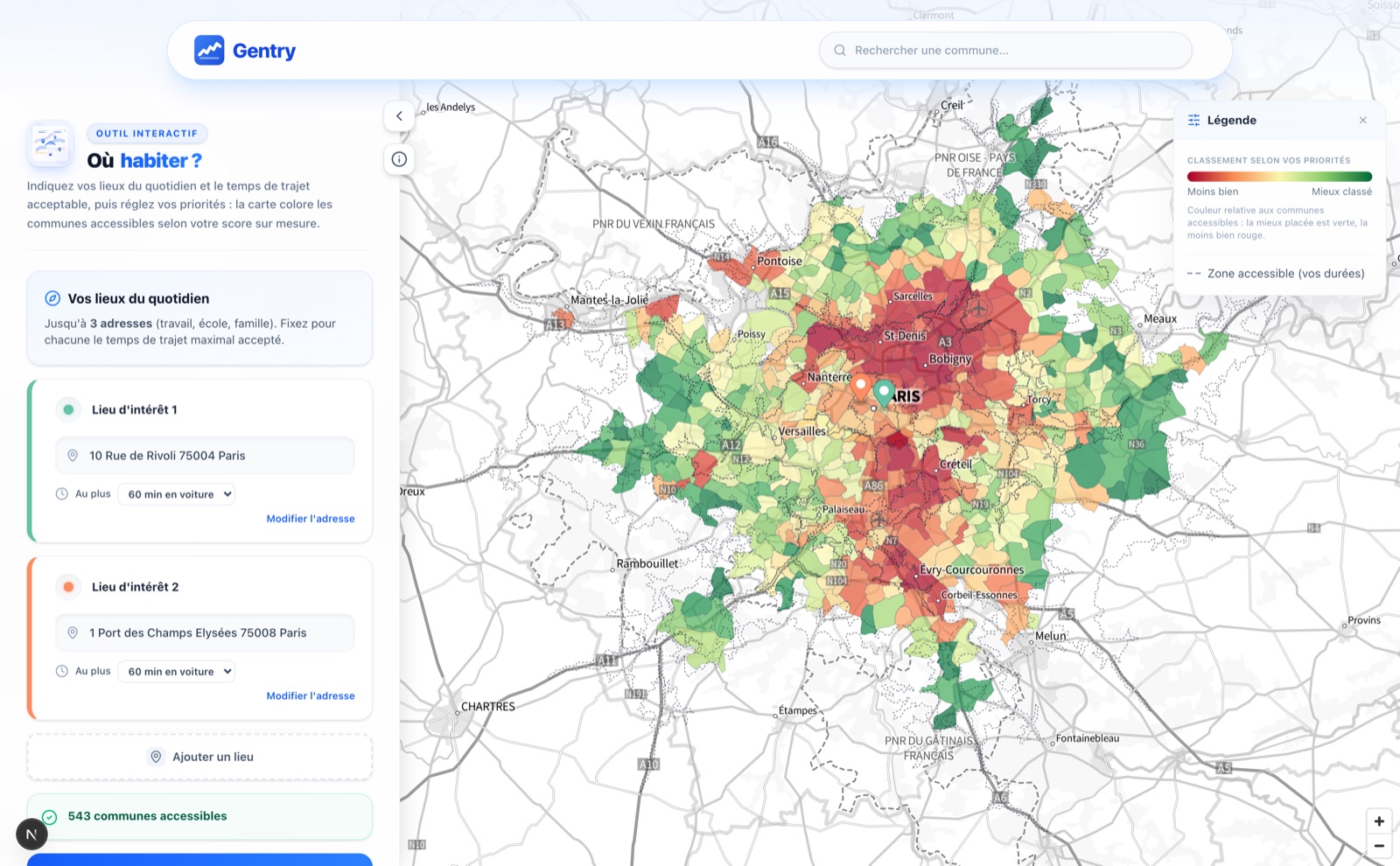 L'outil Où habiter : les communes colorées selon votre score sur mesure