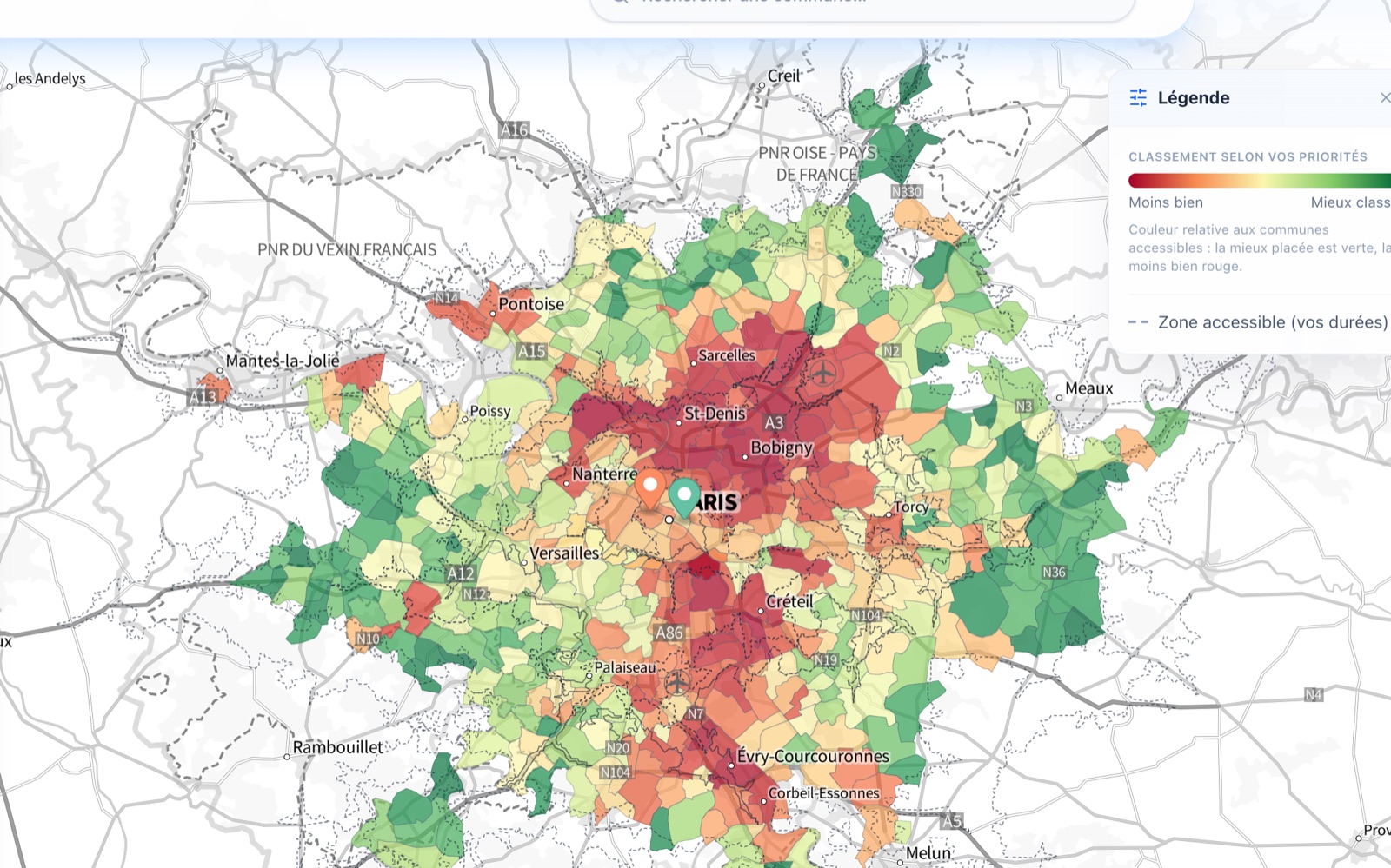 Carte des communes accessibles colorées par score (zoom)