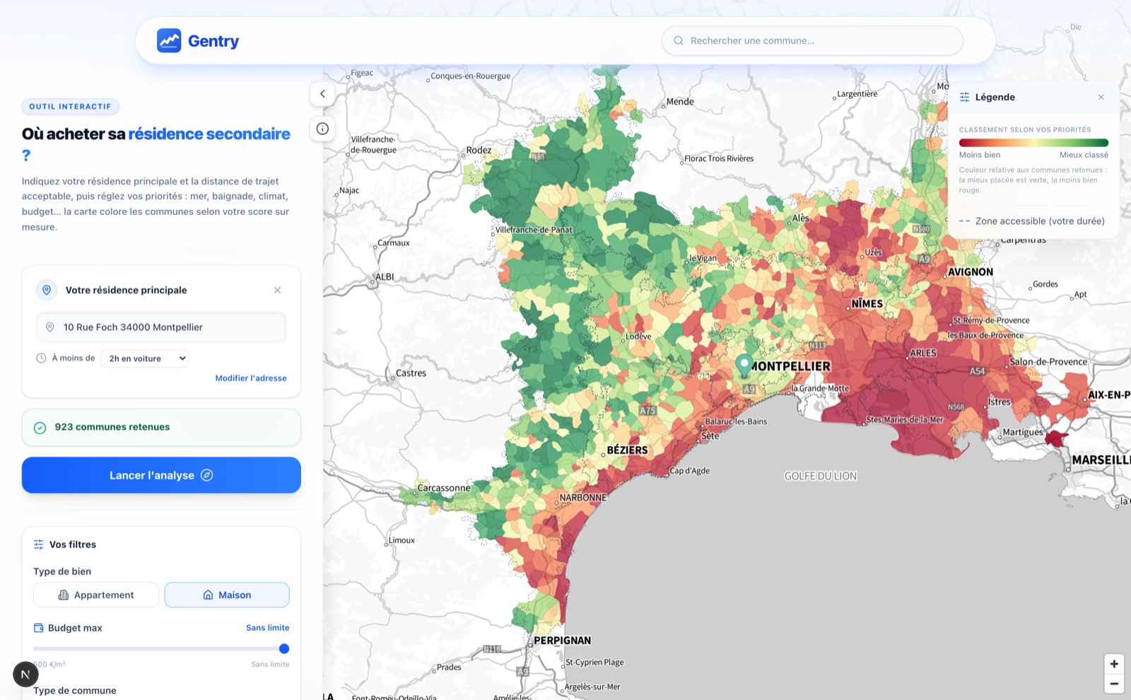 L'outil résidence secondaire : communes à 1 h–2 h 30, colorées par score