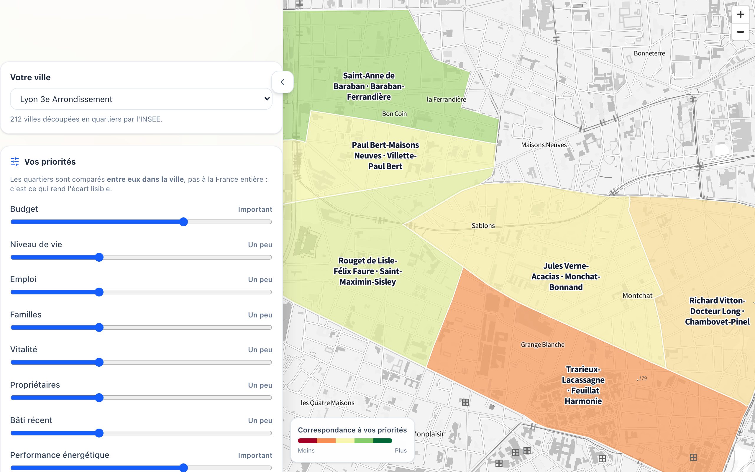 Les quartiers d'une ville colorés selon les priorités choisies